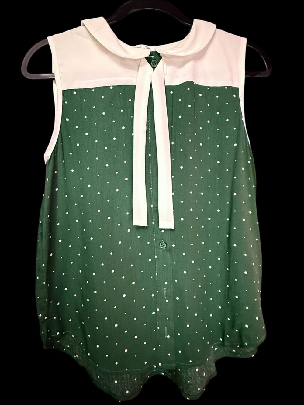Tulip B Sleeveless Green Polka Dot Tie-Neck Top Vintage Inspired Retro Style